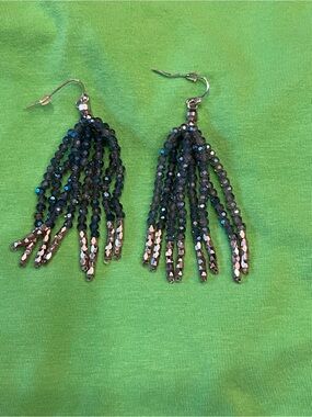 Beaded Tassel Drop Earrings – Black and Silver